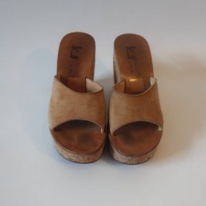 Womens K Jacques St. Tropez Tan Suede Cork Wedge Heels 38 US/8 *